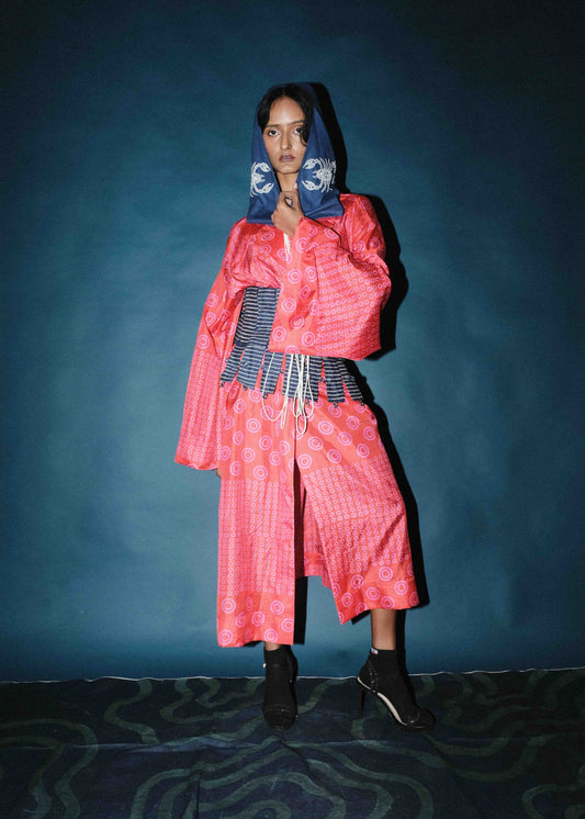 Silk Block printed long trench style throwover