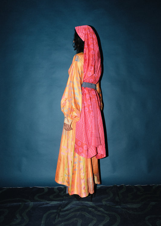 Silk Block printed gathered sleeve dress