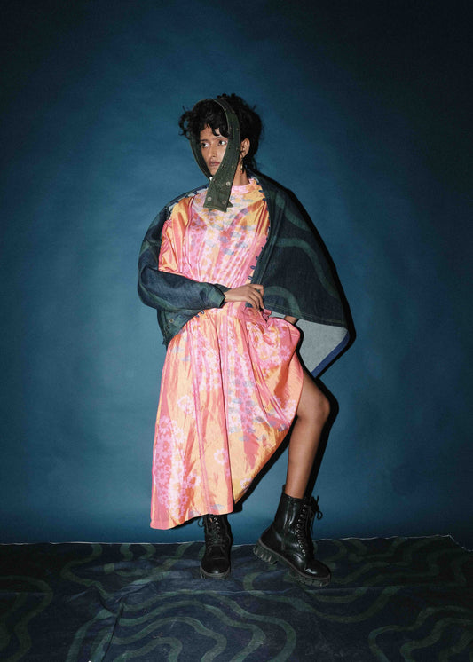 Silk Block printed gathered dress