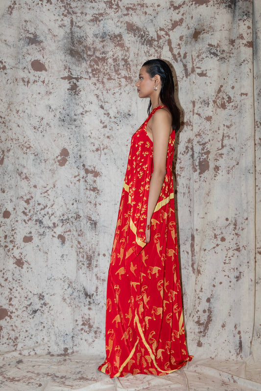 Rayon Side cowl block printed toucan dress