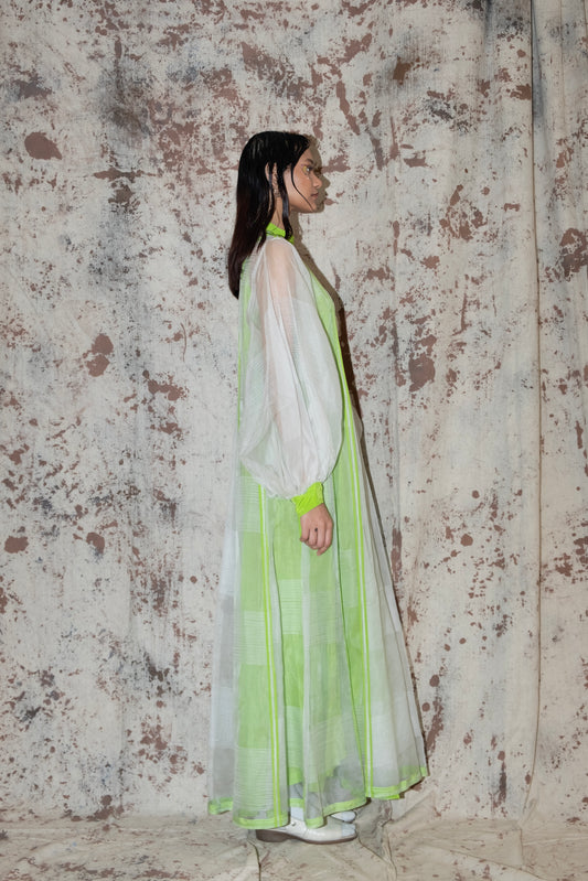 Silk organza panelled dress with gathered sleeves