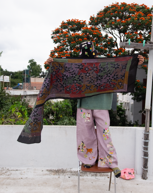 Midnight Black Bloom Pop Kantha Stole
