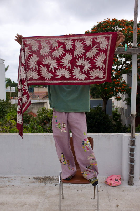 Blooming Kantha Maroon Stole