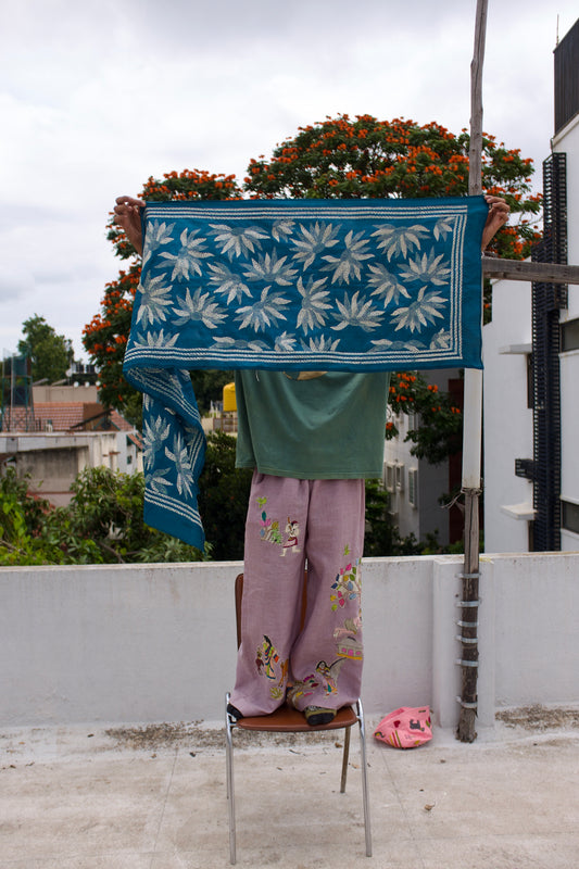 Blooming Blues Kantha Stole