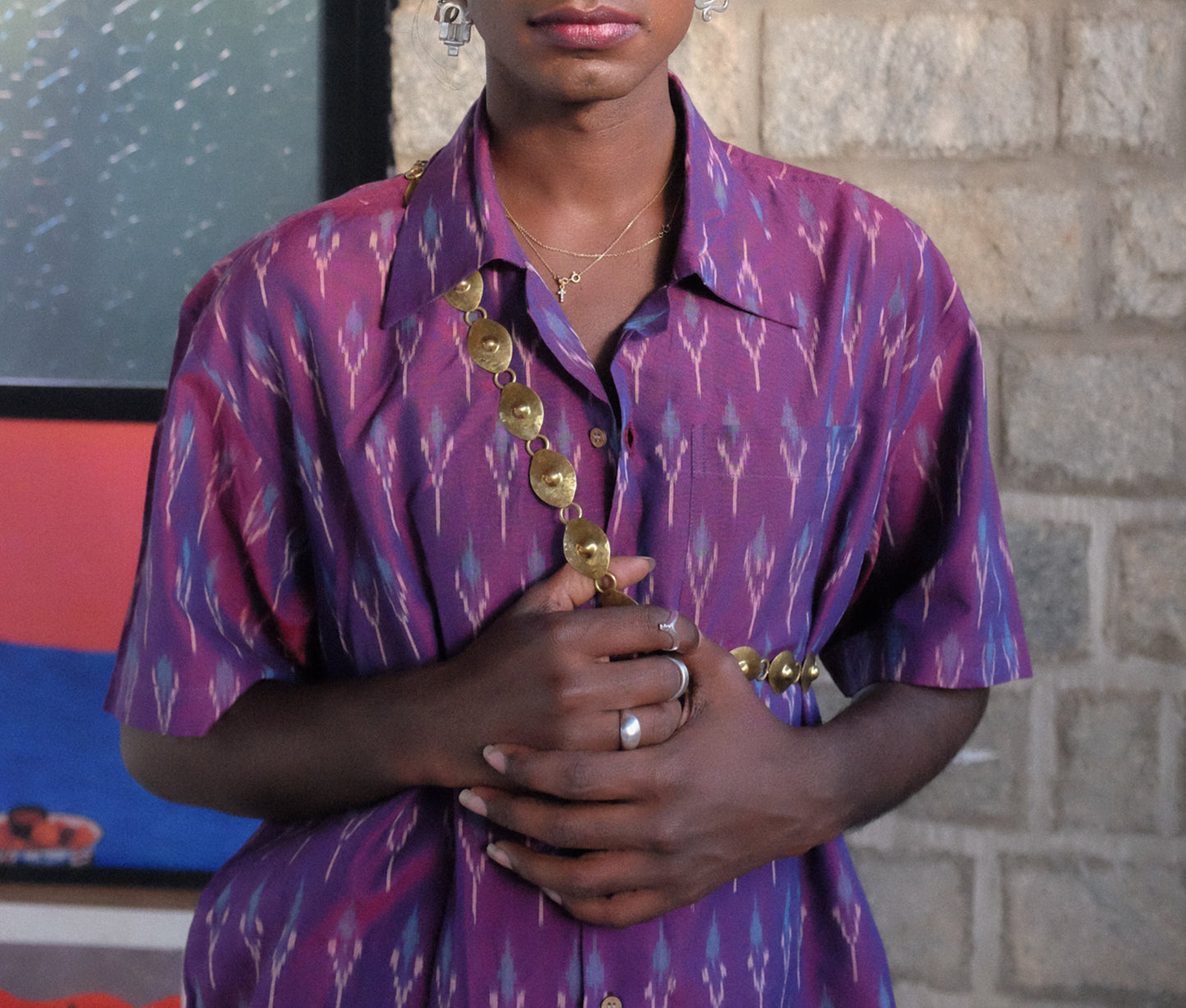 Purple with Blue Patterned Ikat Shirt