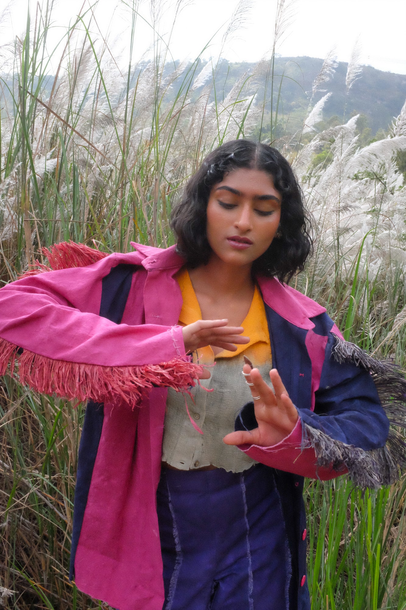 PANELLED SHIRT WITH RAFFIA BLUE/ PINK