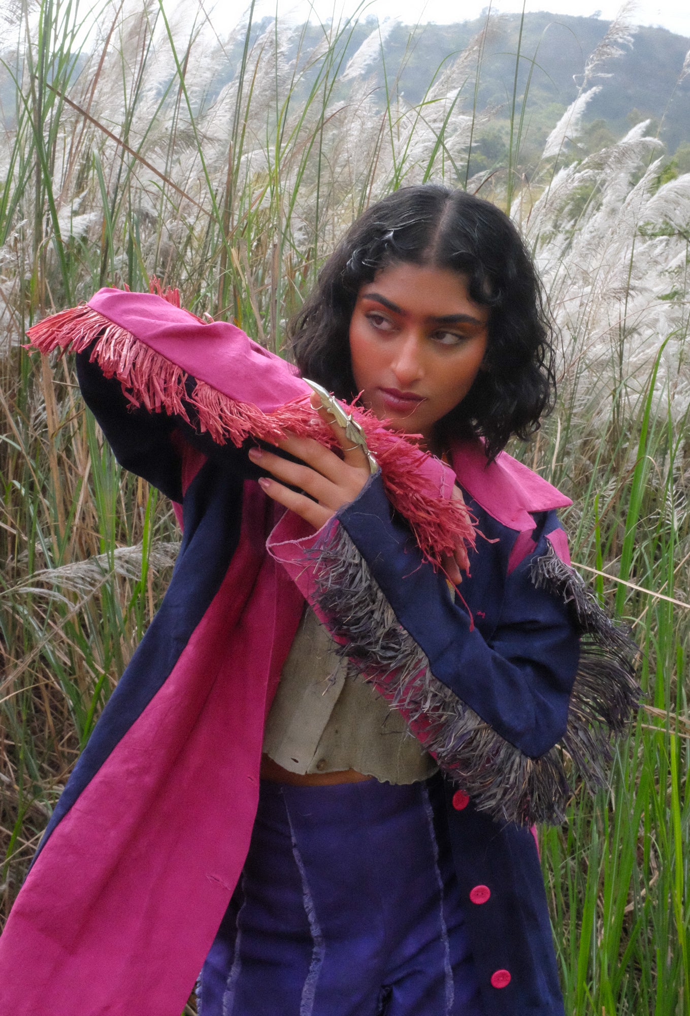 PANELLED SHIRT WITH RAFFIA BLUE/ PINK