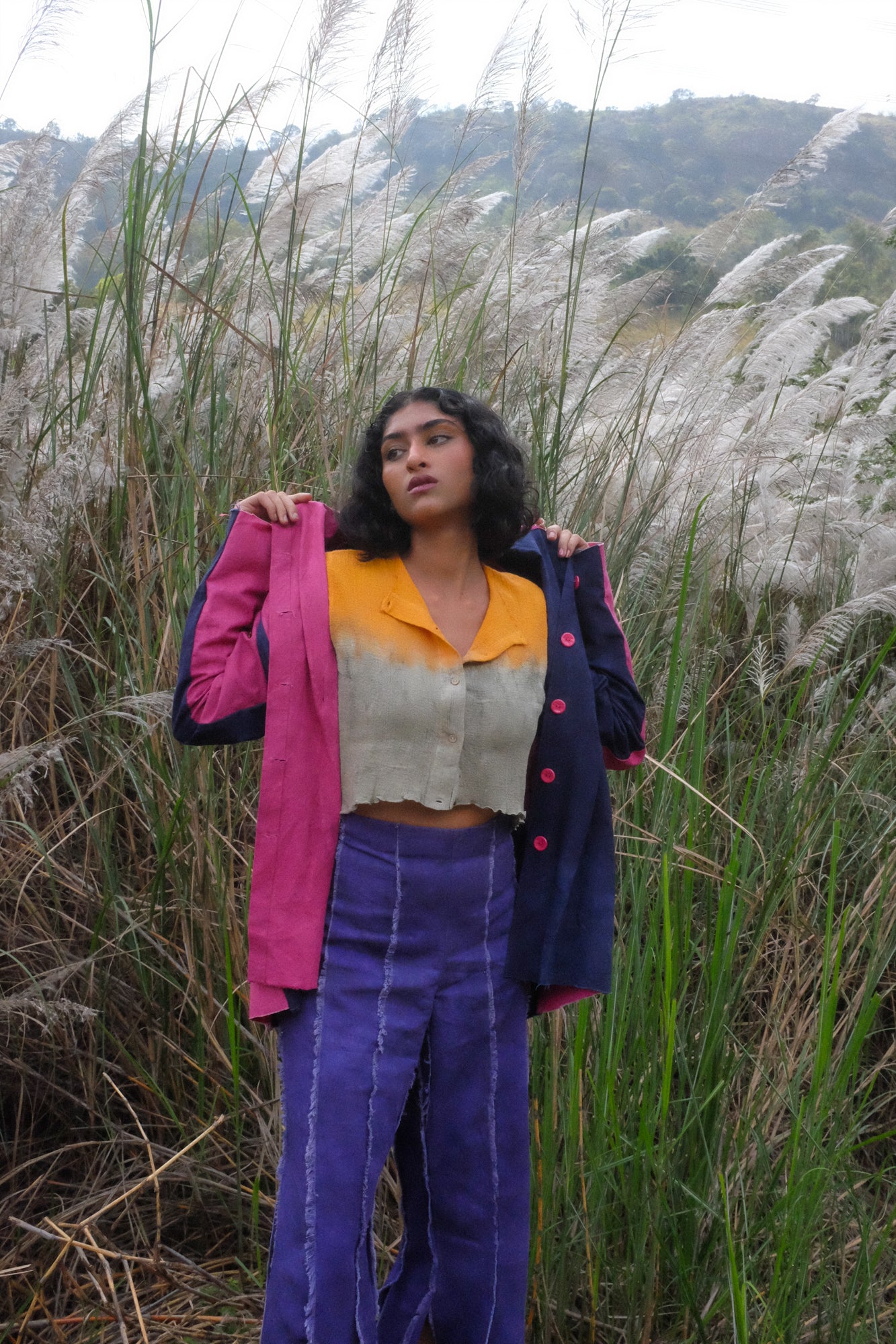 PANELLED SHIRT WITH RAFFIA BLUE/ PINK