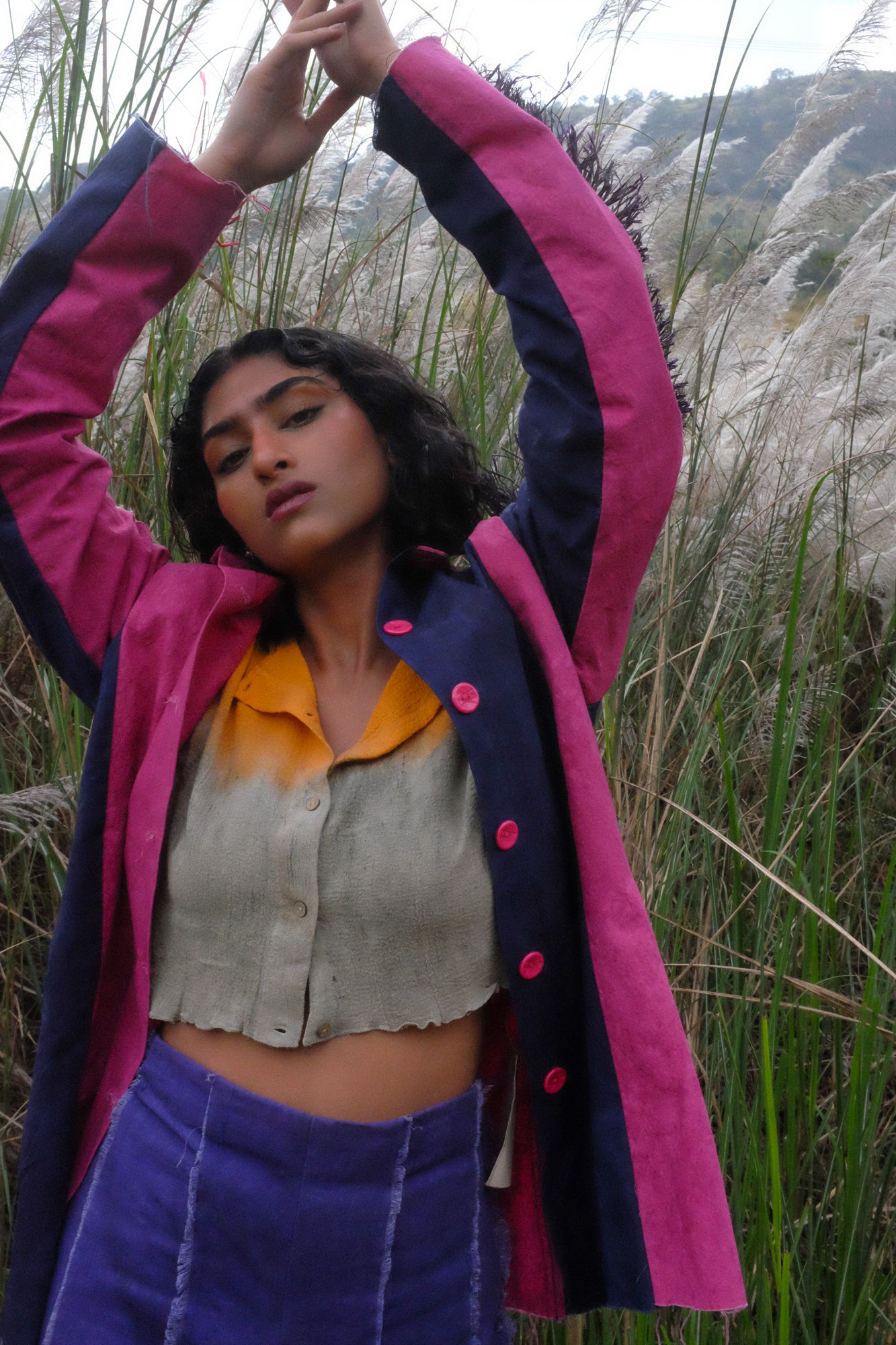 PANELLED SHIRT WITH RAFFIA BLUE/ PINK