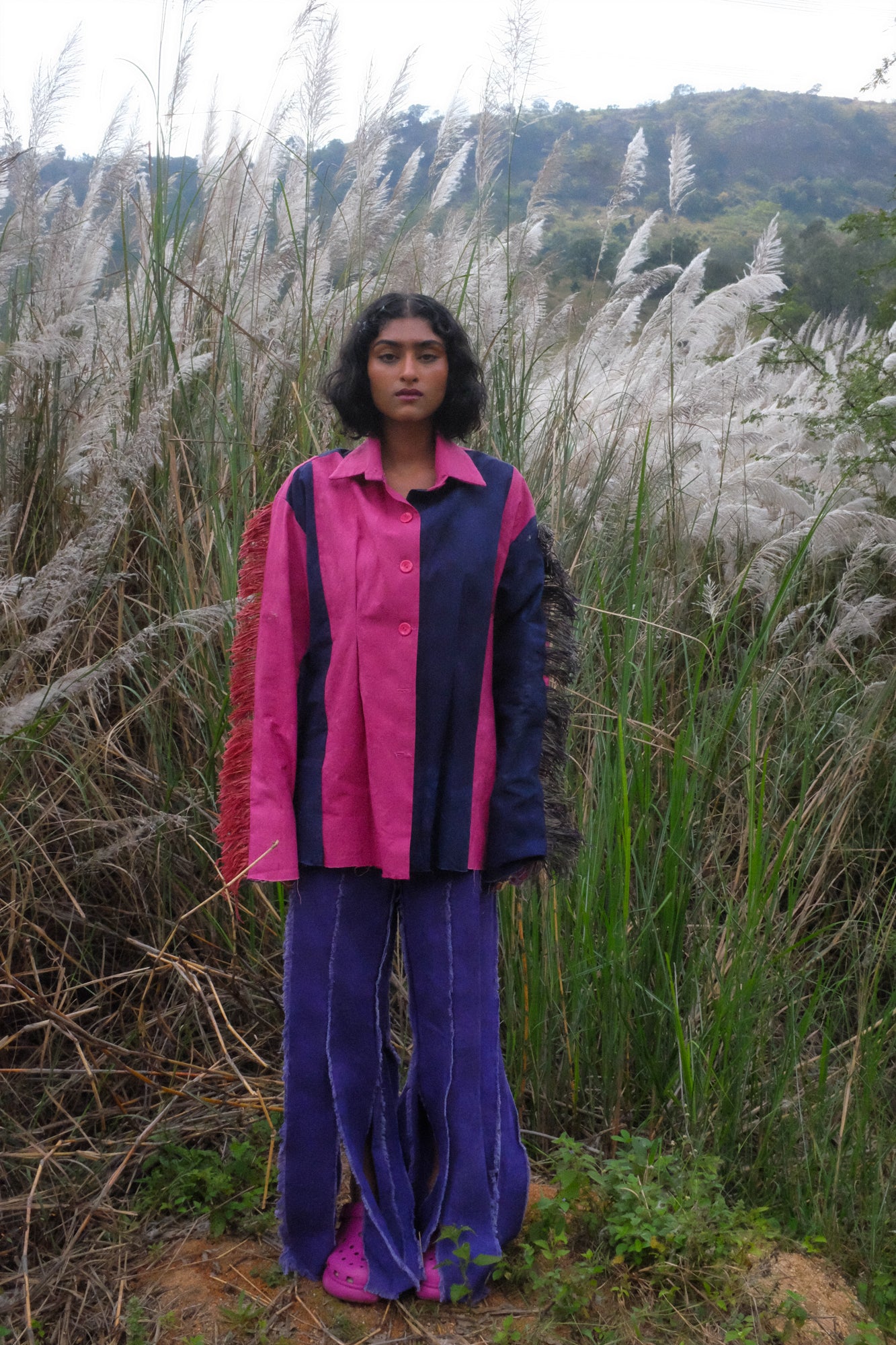 PANELLED SHIRT WITH RAFFIA BLUE/ PINK