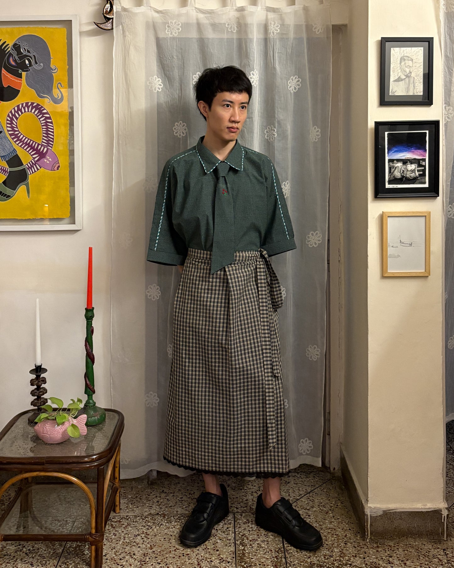 Reversible Wrap Skirt Black Check