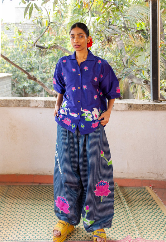 Kantha Lotus Silk Shirt (Blue)