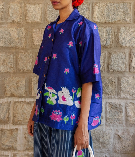 Kantha Lotus Silk Shirt (Blue)