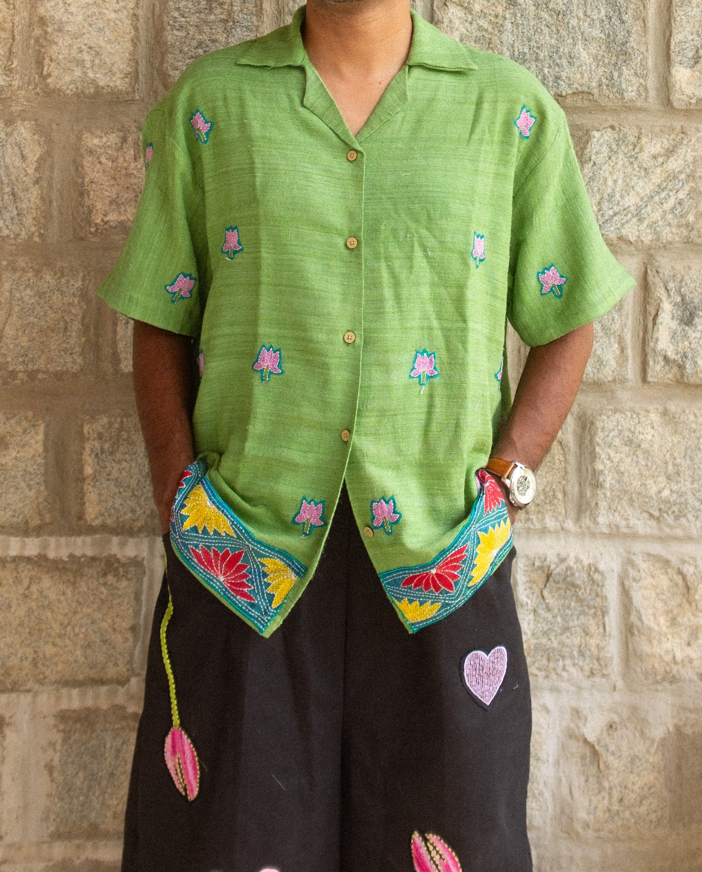 Kantha shirt with border (green)