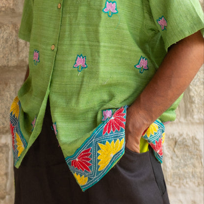 Kantha shirt with border (green)