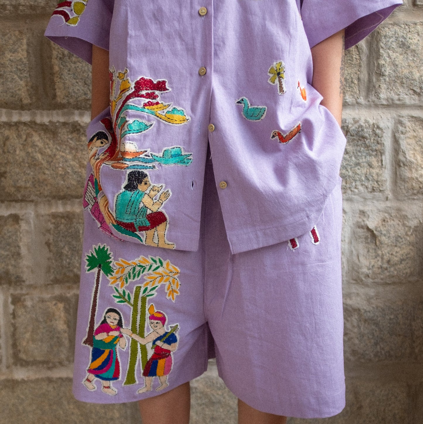 Lilac upcycled Kantha patchwork shorts