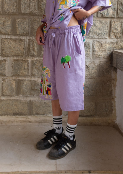 Lilac upcycled Kantha patchwork shorts