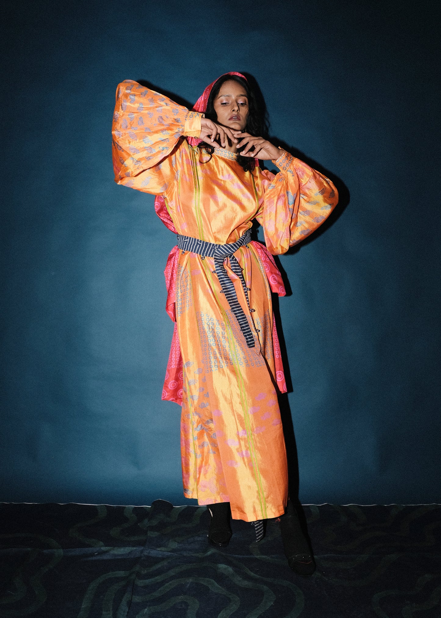 Silk Block printed gathered sleeve dress