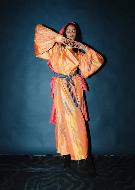 Silk Block printed gathered sleeve dress