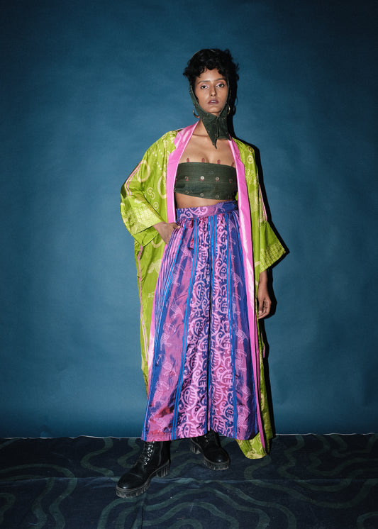 Silk Block printed long trench style throwover