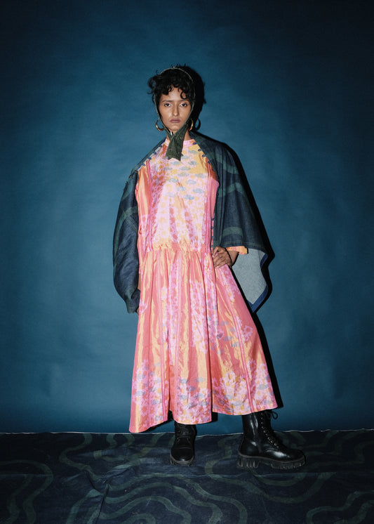 Silk Block printed gathered dress