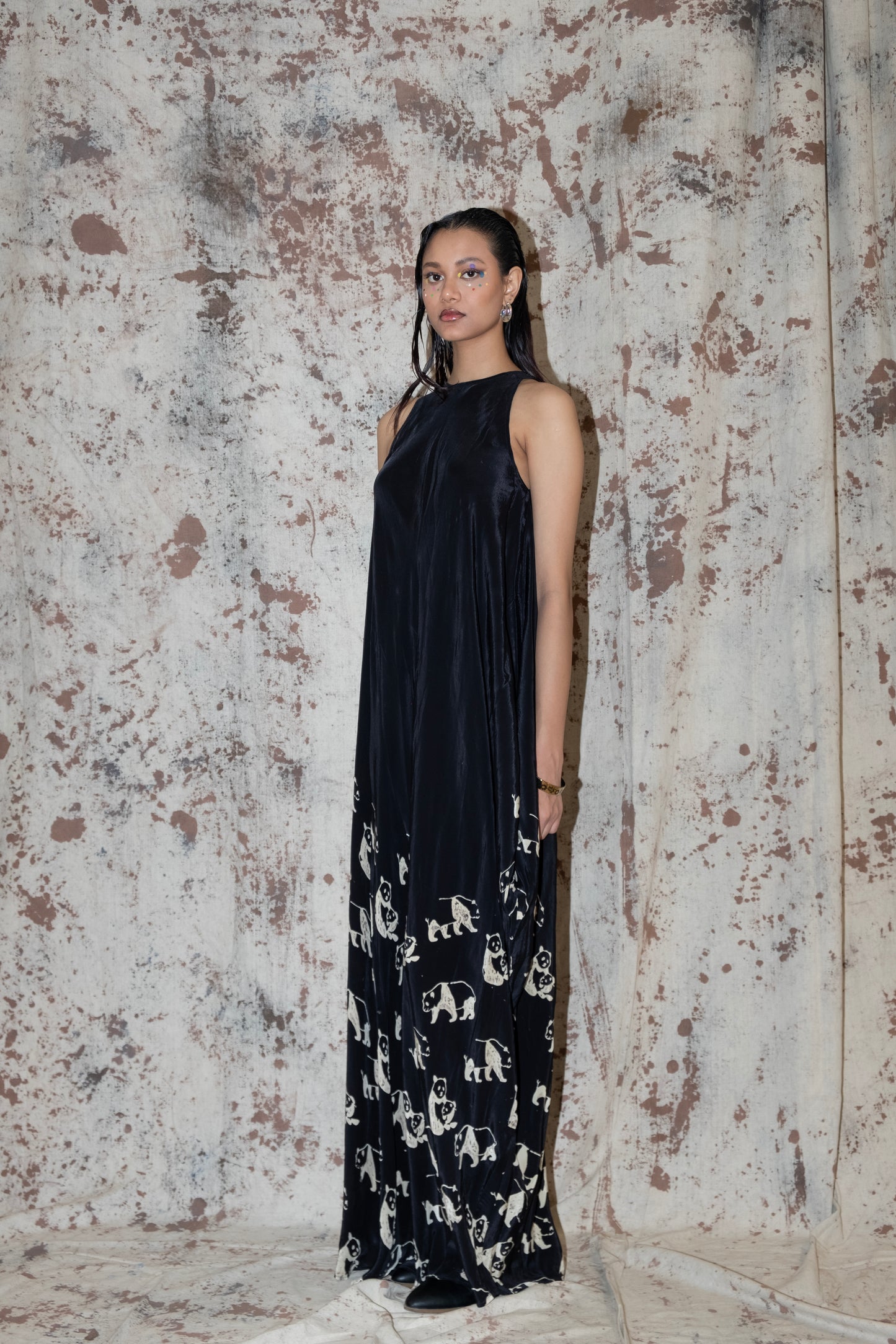 Rayon Side cowl block printed panda dress