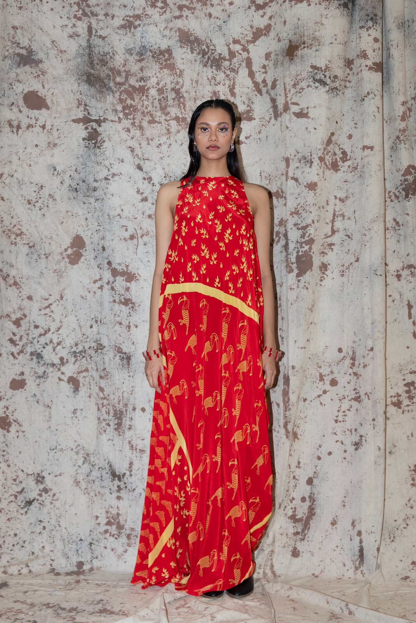 Rayon Side cowl block printed toucan dress