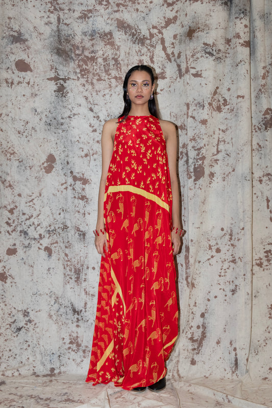 Rayon Side cowl block printed toucan dress