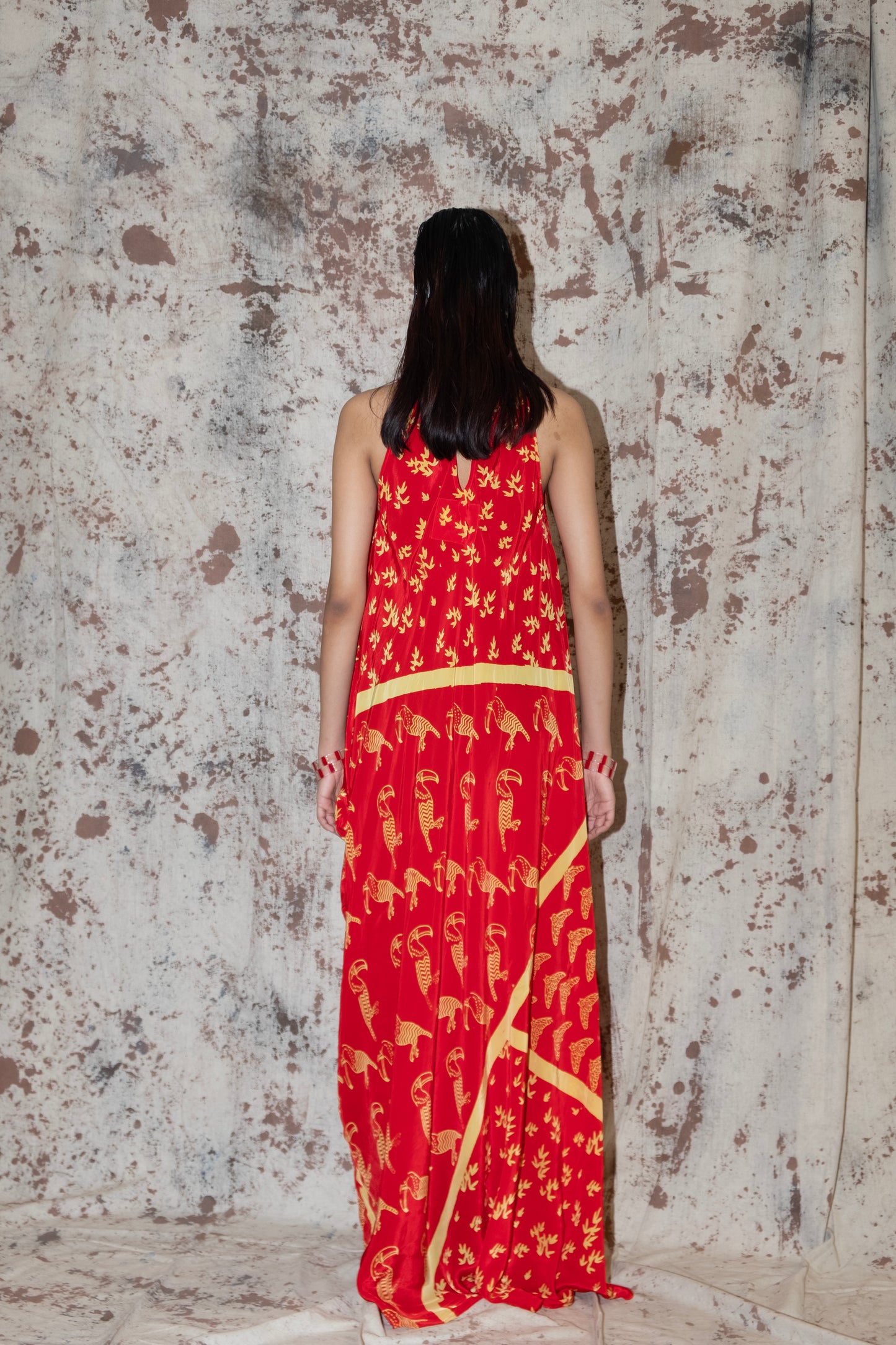 Rayon Side cowl block printed toucan dress