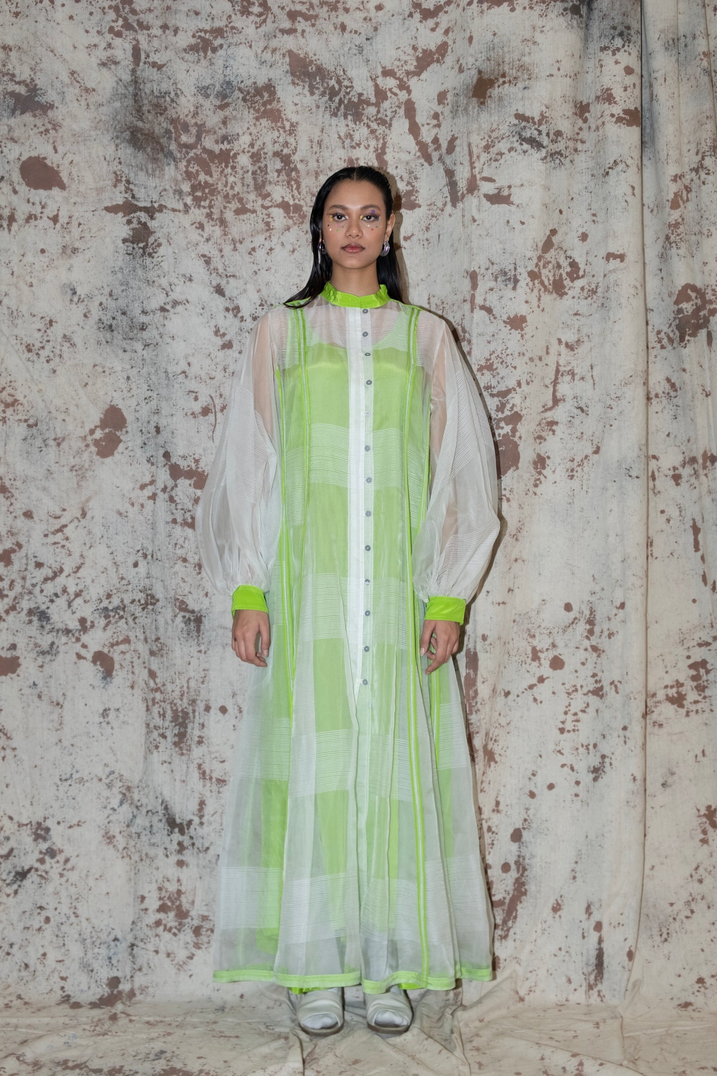 Silk organza panelled dress with gathered sleeves