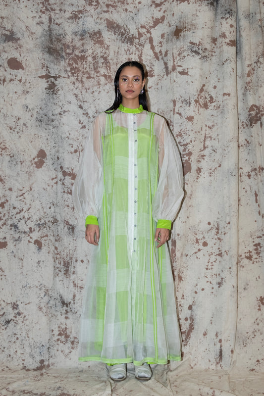 Silk organza panelled dress with gathered sleeves