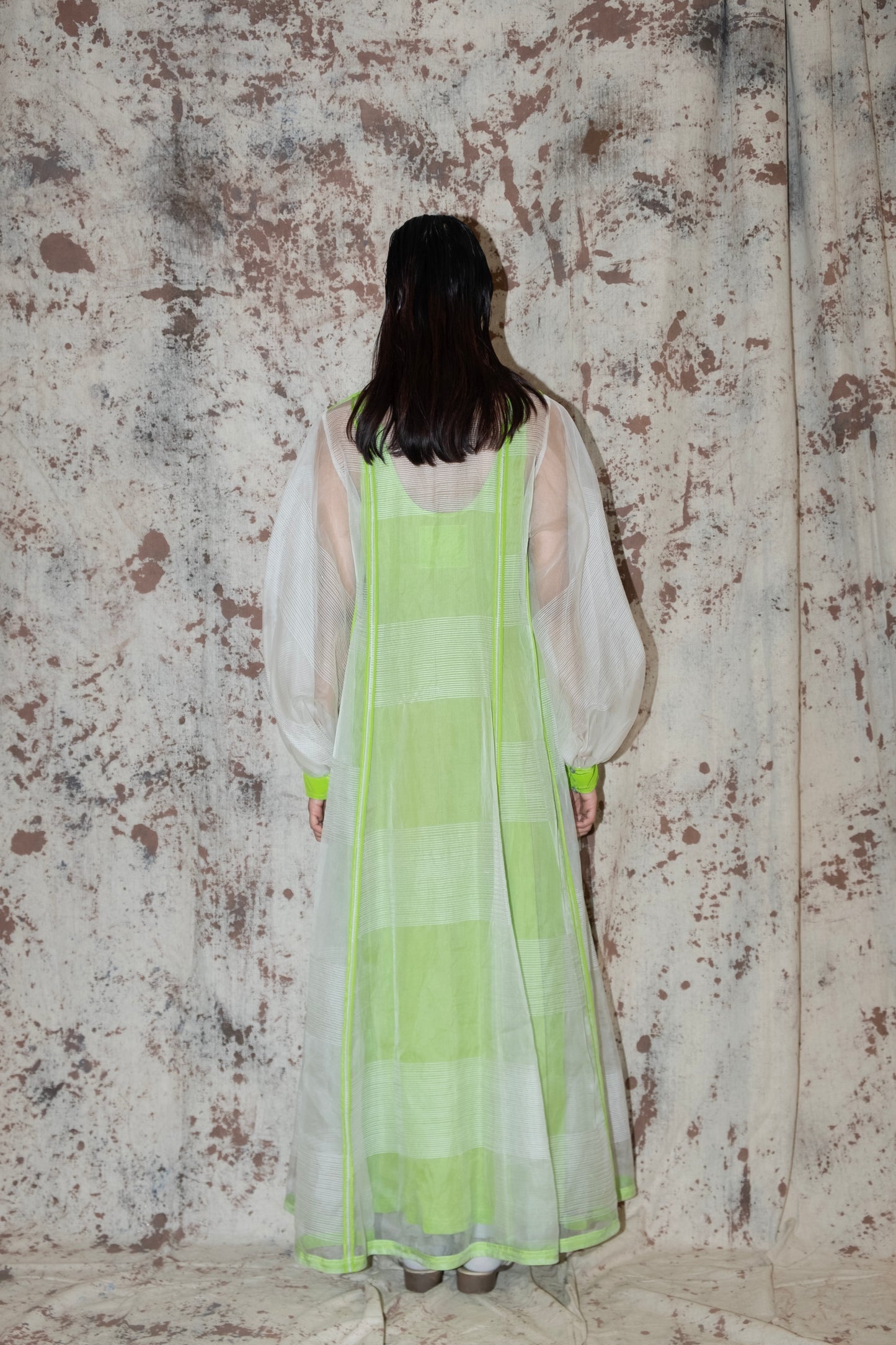 Silk organza panelled dress with gathered sleeves