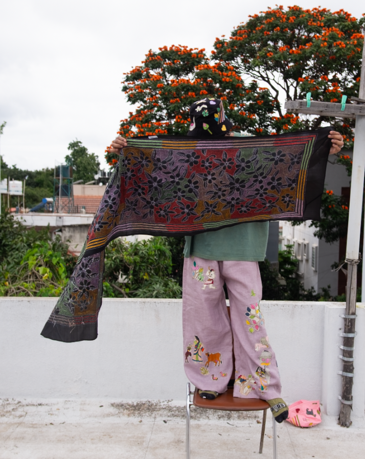 Midnight Black Bloom Pop Kantha Stole