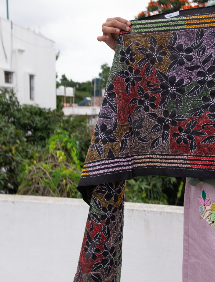 Midnight Black Bloom Pop Kantha Stole