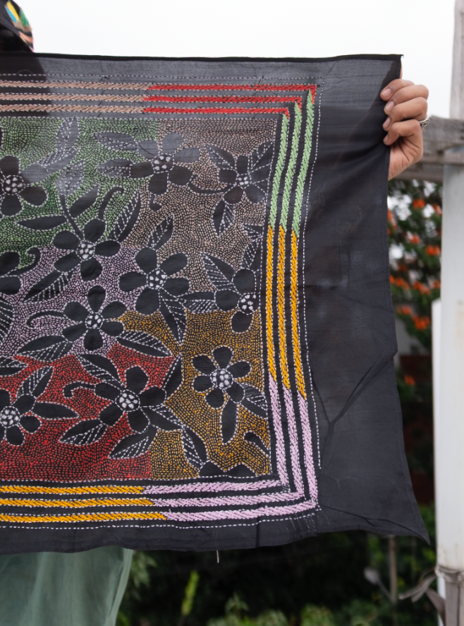 Midnight Black Bloom Pop Kantha Stole