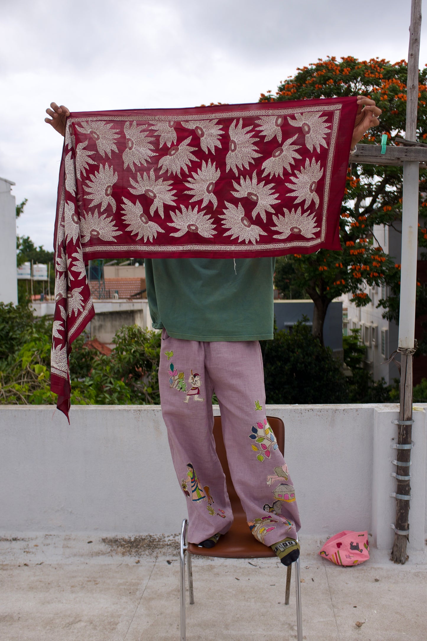 Blooming Kantha Maroon Stole