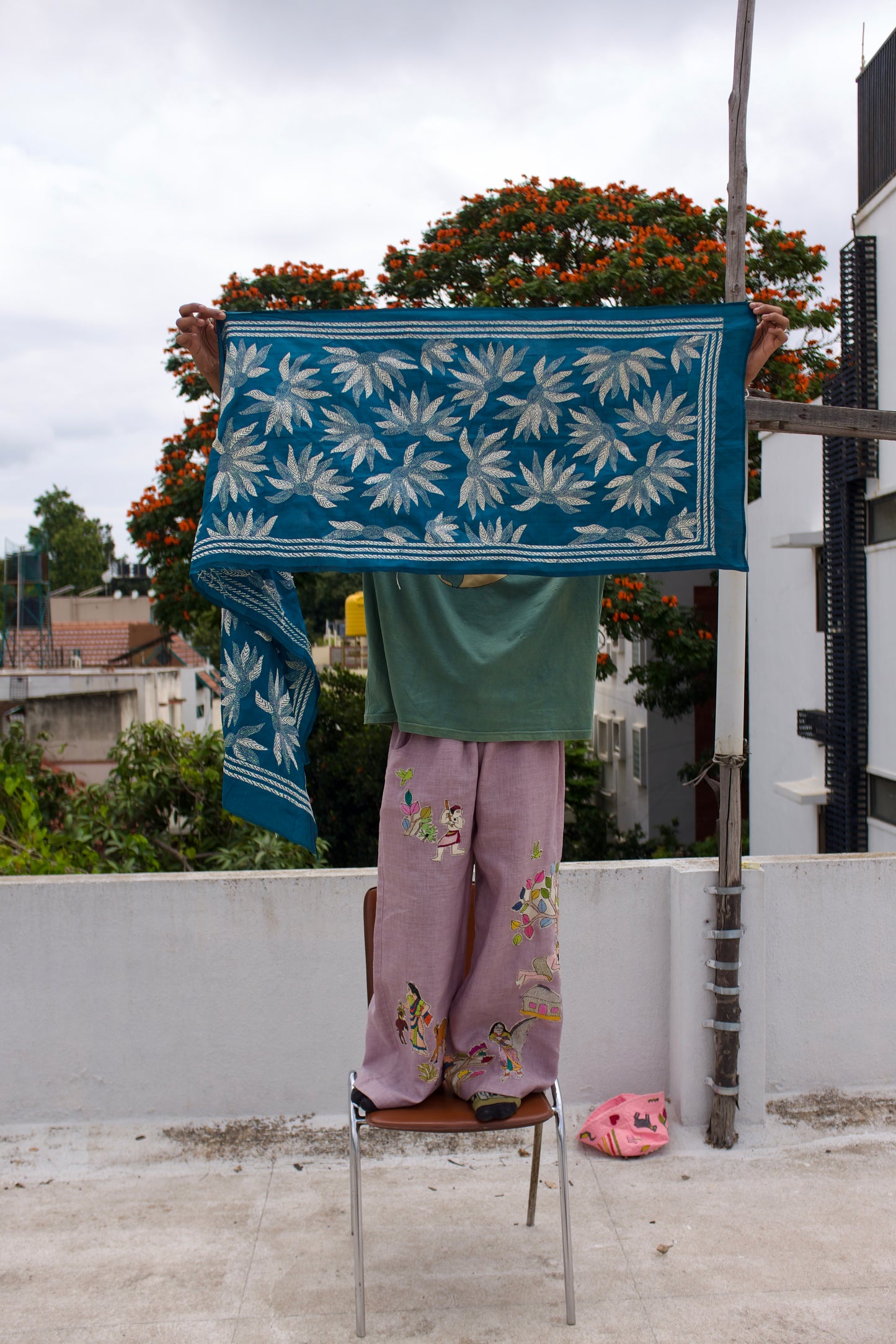Blooming Blues Kantha Stole