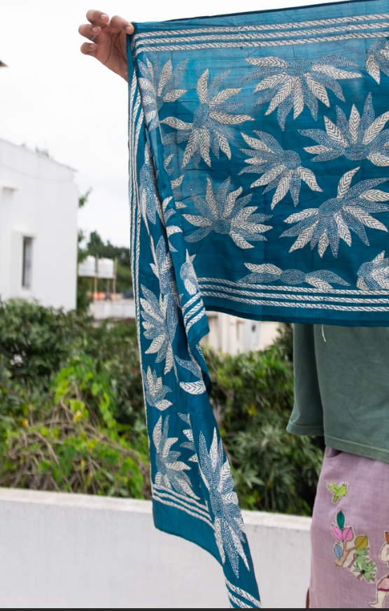 Blooming Blues Kantha Stole