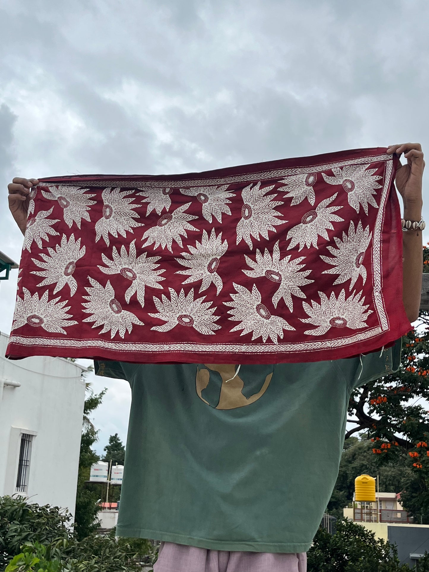 Blooming Kantha Maroon Stole