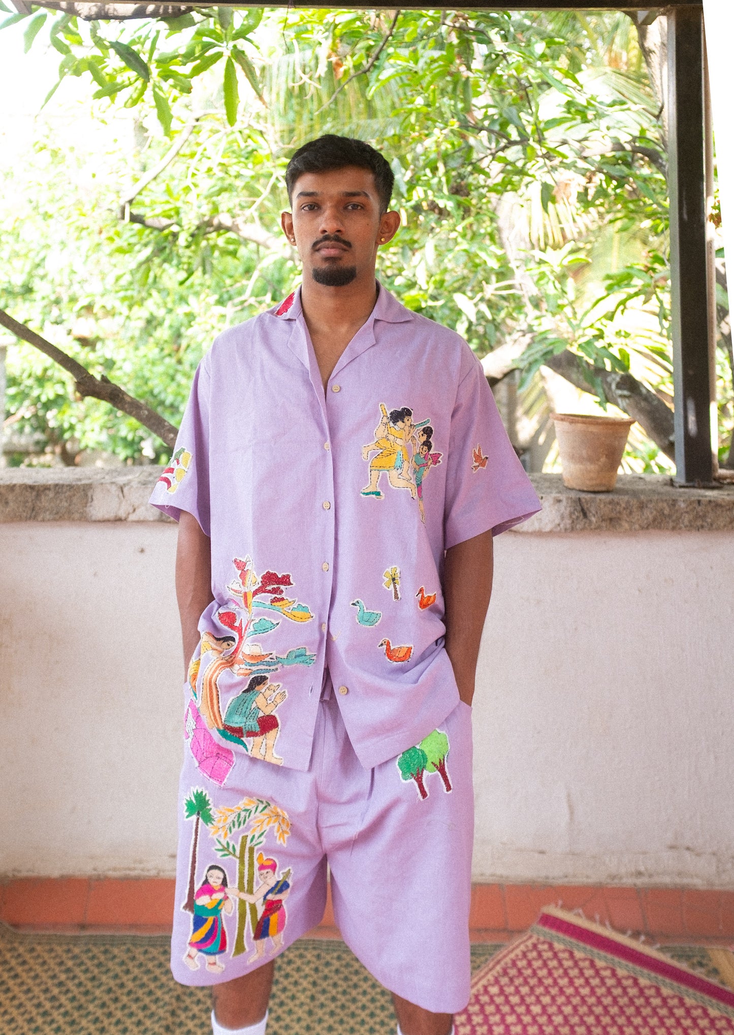 Lilac upcycled Kantha patchwork shorts