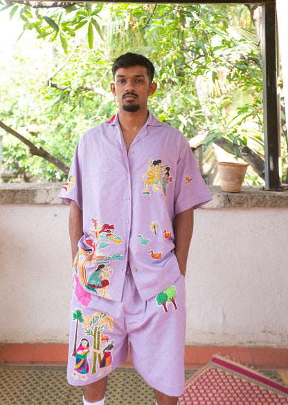 Lilac upcycled Kantha patchwork shorts