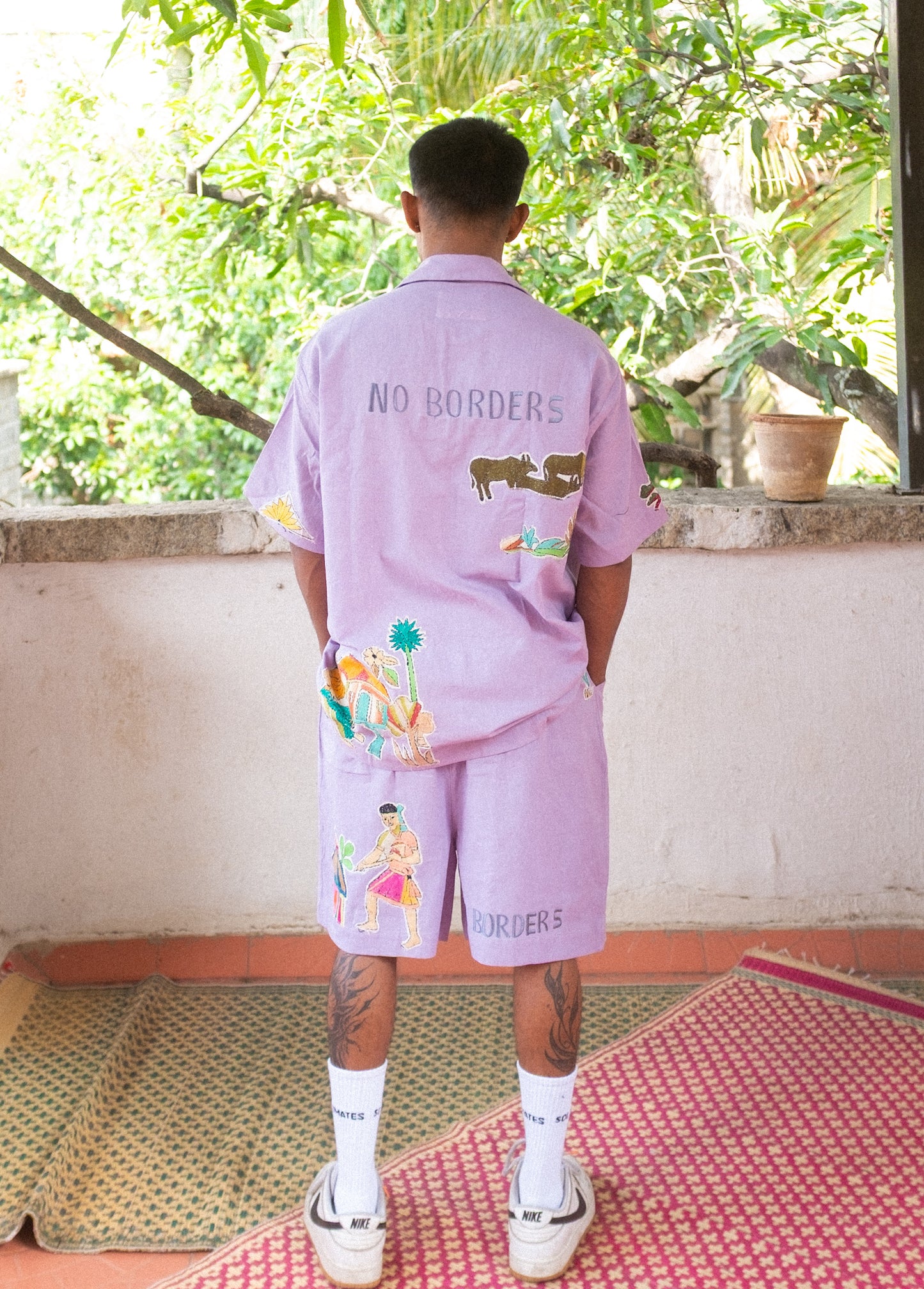 Lilac upcycled Kantha patchwork shorts