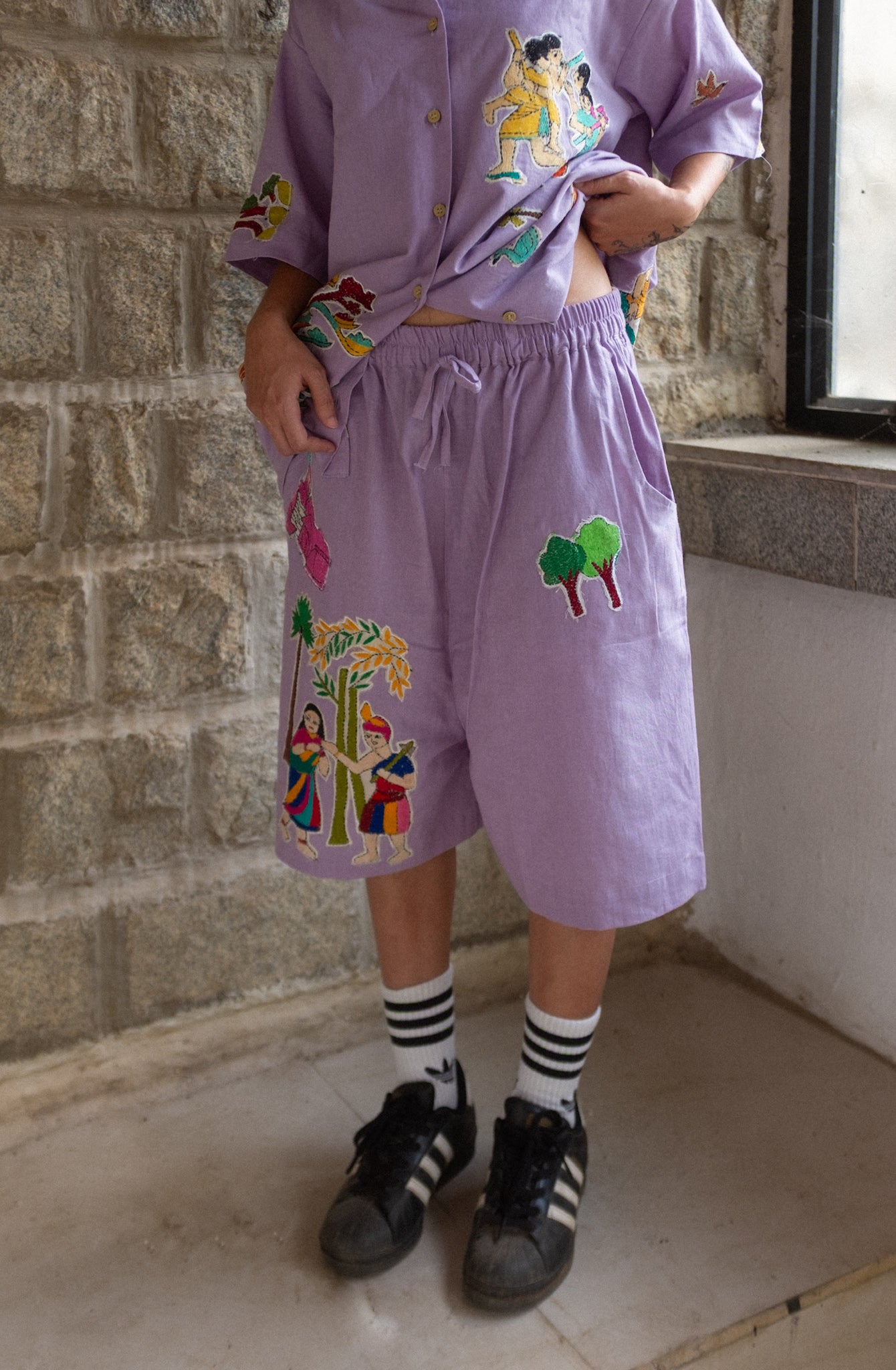 Lilac upcycled Kantha patchwork shorts