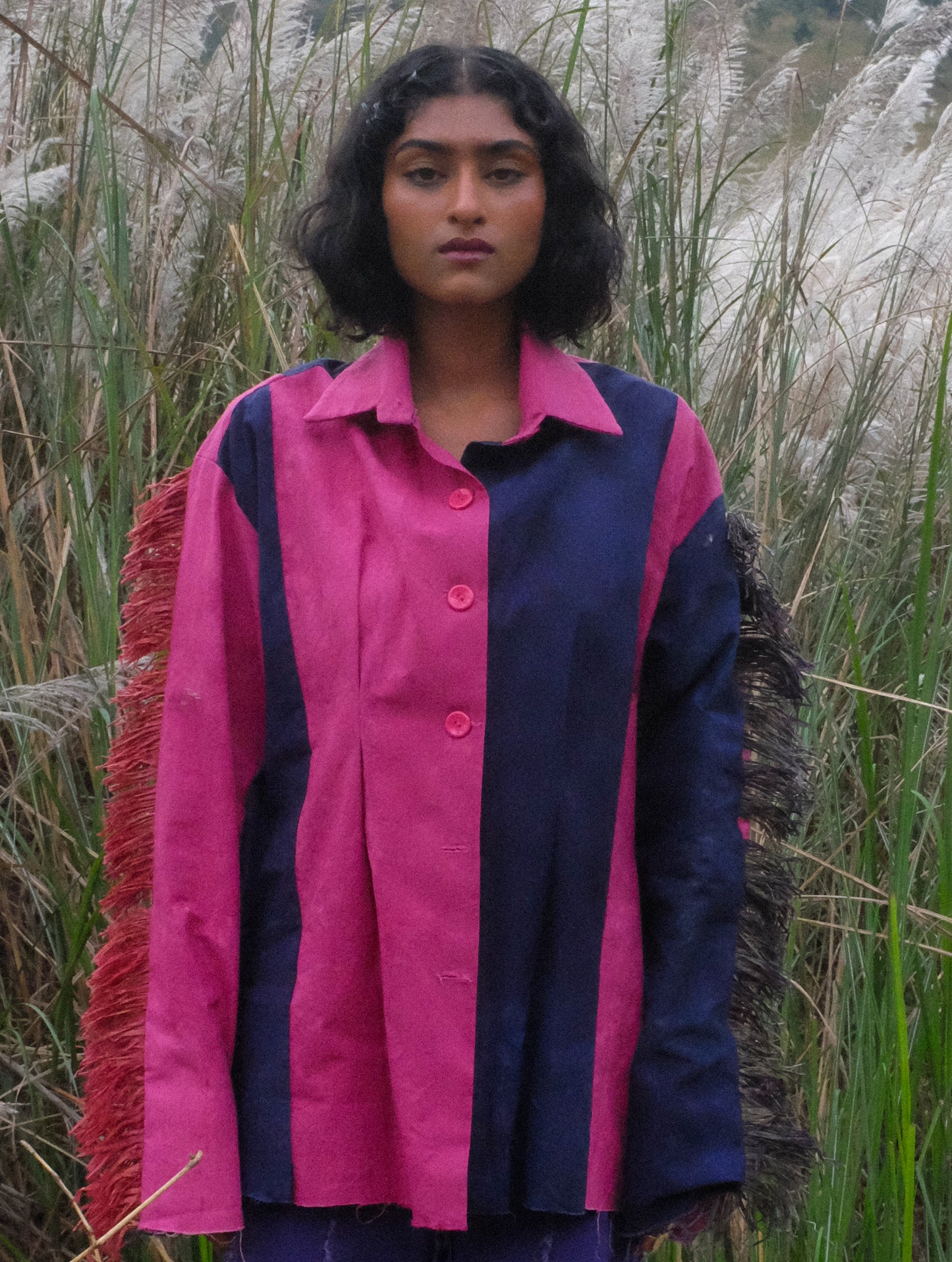 PANELLED SHIRT WITH RAFFIA BLUE/ PINK